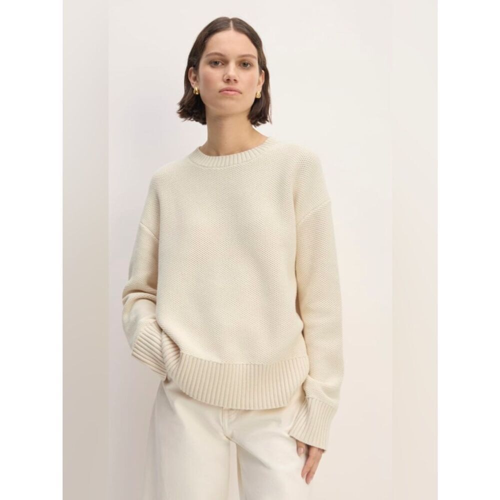 New Everlane THE COTTON HONEYCOMB SQUARE CREW in Heathered Oat Size XS